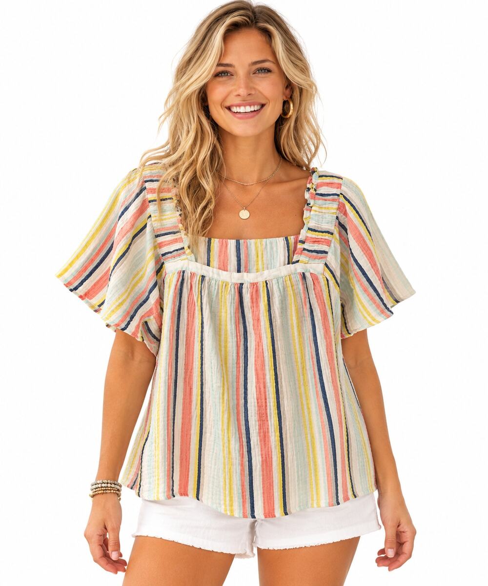 Style & Co Square-Neck Cotton Top Womens Size 1X Striped Double Gauze Flutter